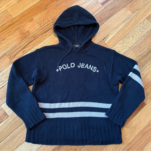 Polo Jeans Co Ralph Lauren Spellout Heavy Knit Hooded Sweater Navy Blue Mens L - Picture 1 of 14